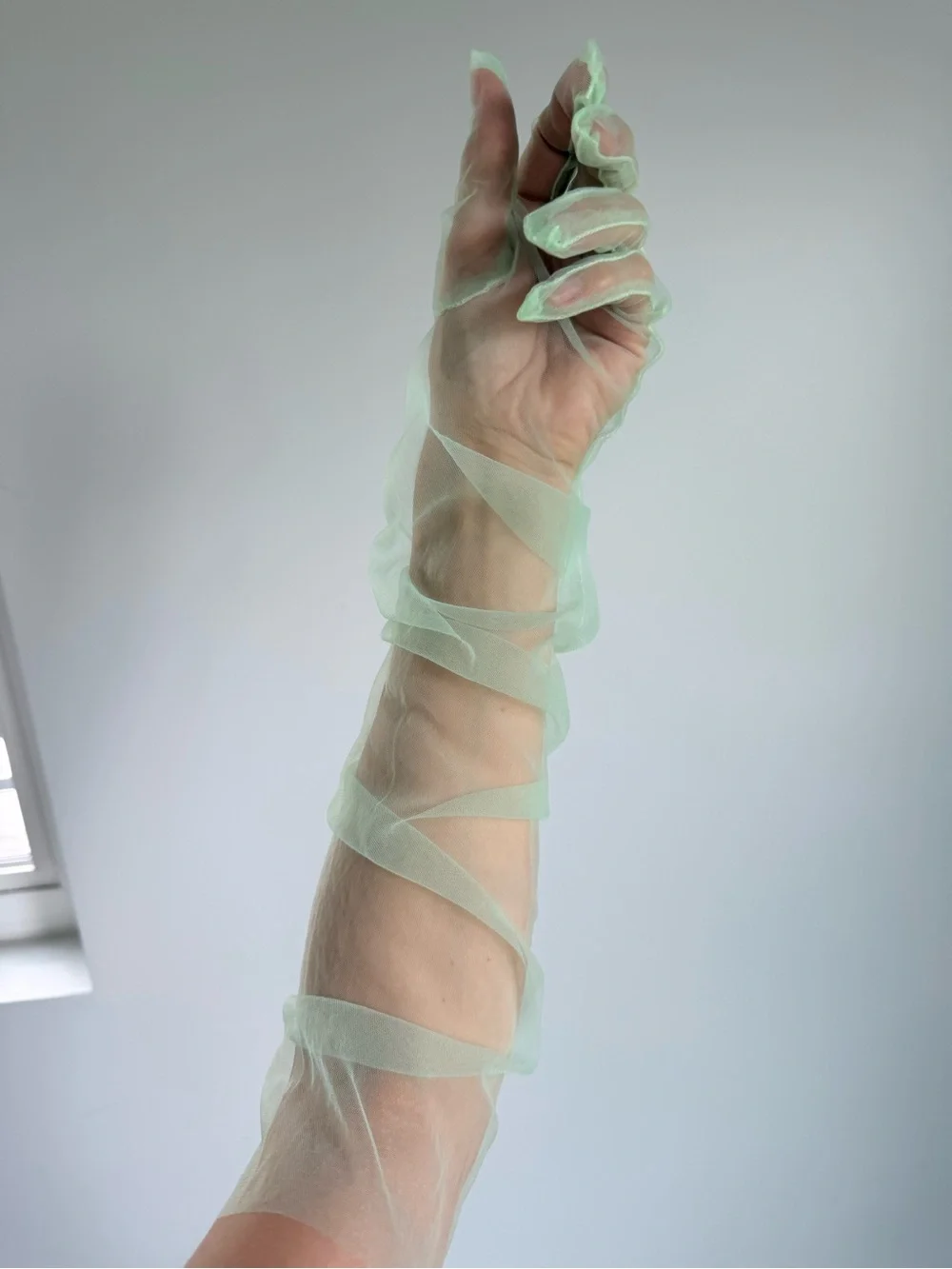 Sheer Mint Green Gloves Above Elbow
